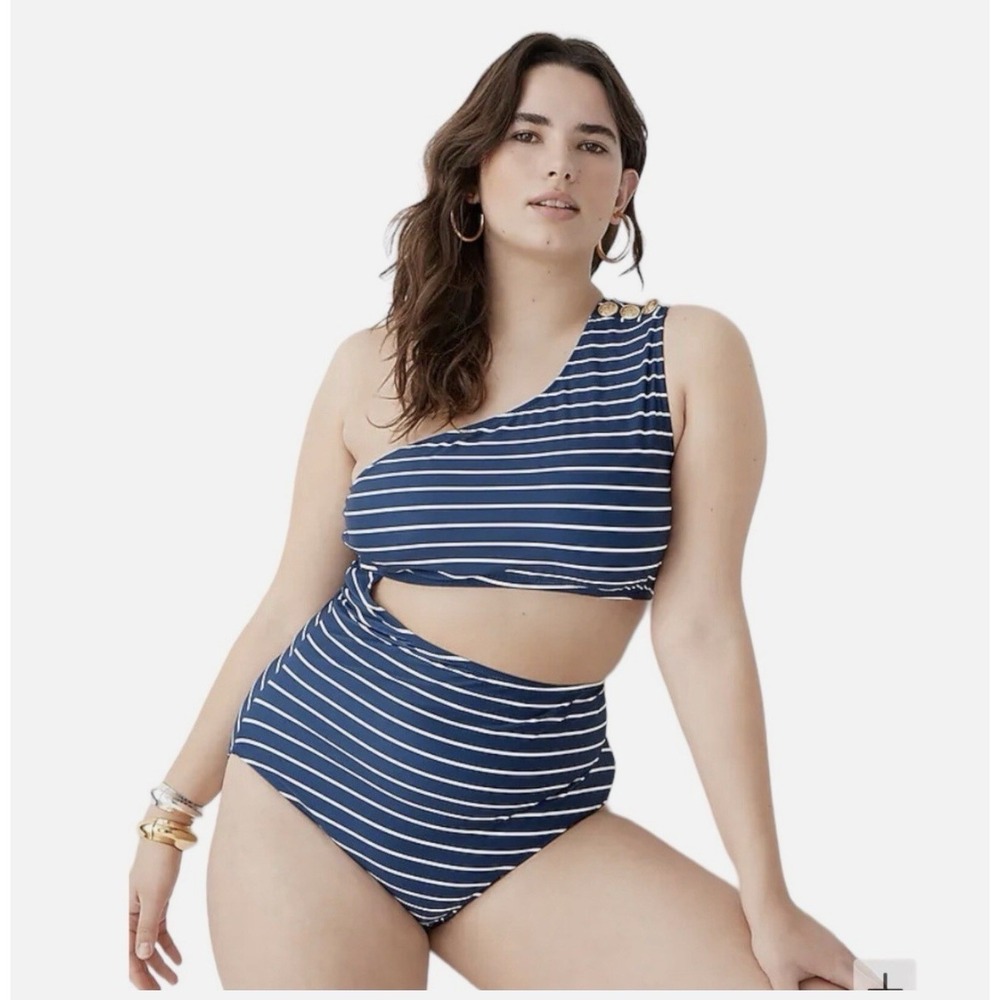 J.Crew Womens Cutout One Piece Swimsuit Navy Stripe Size 14 Coastal Nautical NEW